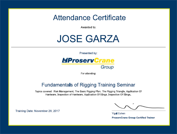 Rigging Certificate of Completion